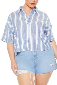 BLUE/WHITE Plus Size Striped Linen-Blend Shirt, image 5