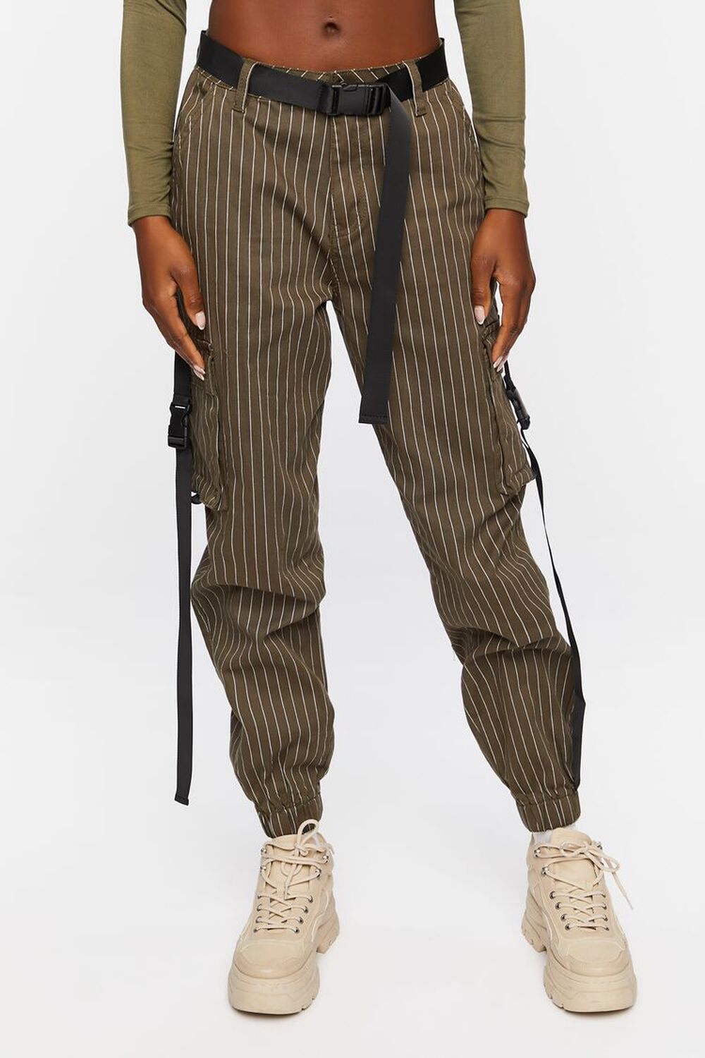 OLIVE/WHITE Pinstripe Belted Cargo Pants, image 2