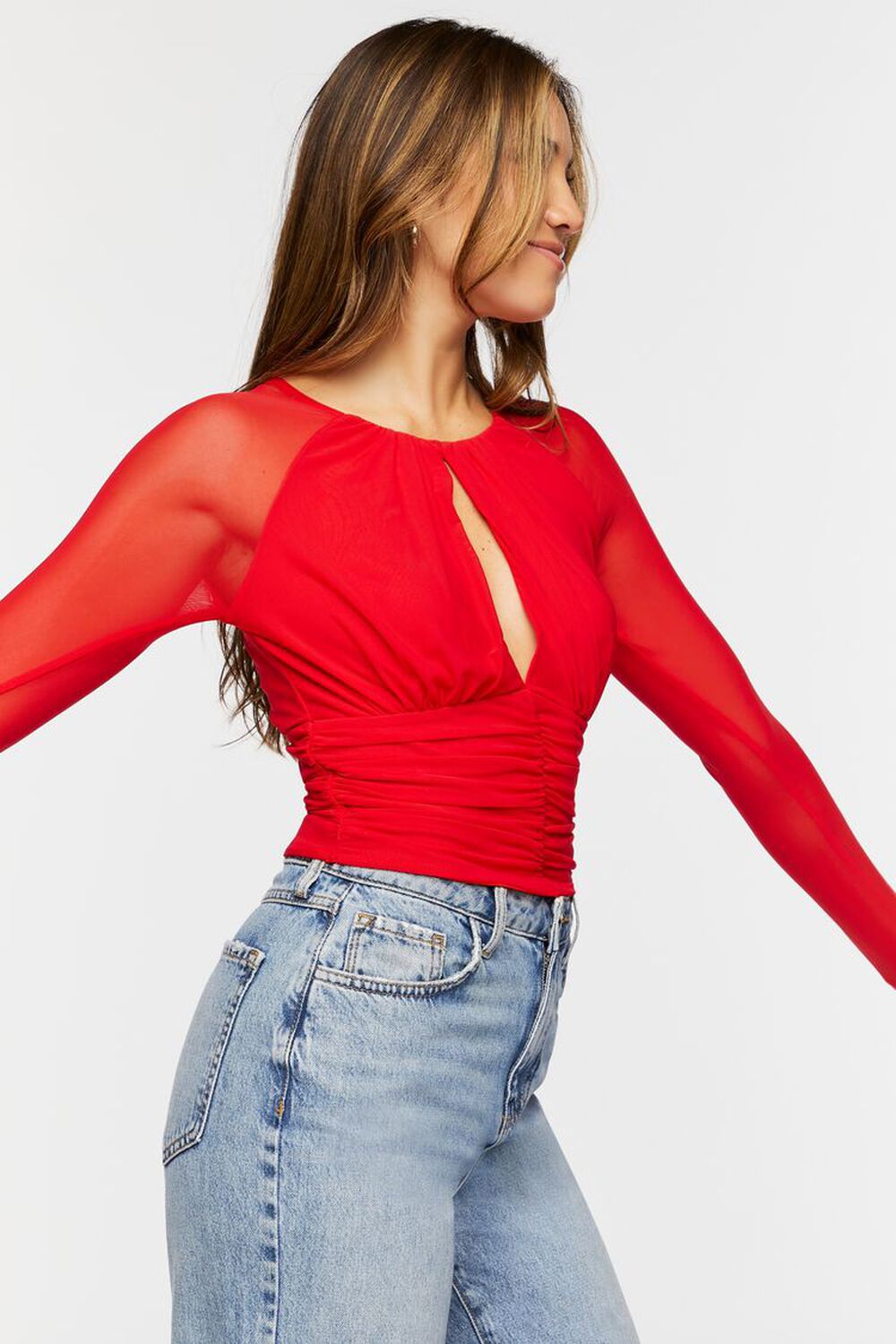 BERRY Ruched Mesh Cutout Crop Top, image 2