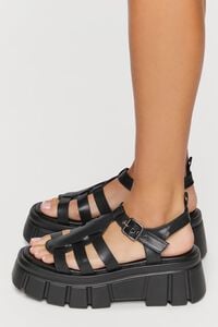 BLACK Faux Leather Caged Lug-Sole Sandals, image 2