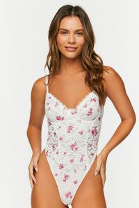 WHITE/PINK Lace Rose Print Teddy, image 1