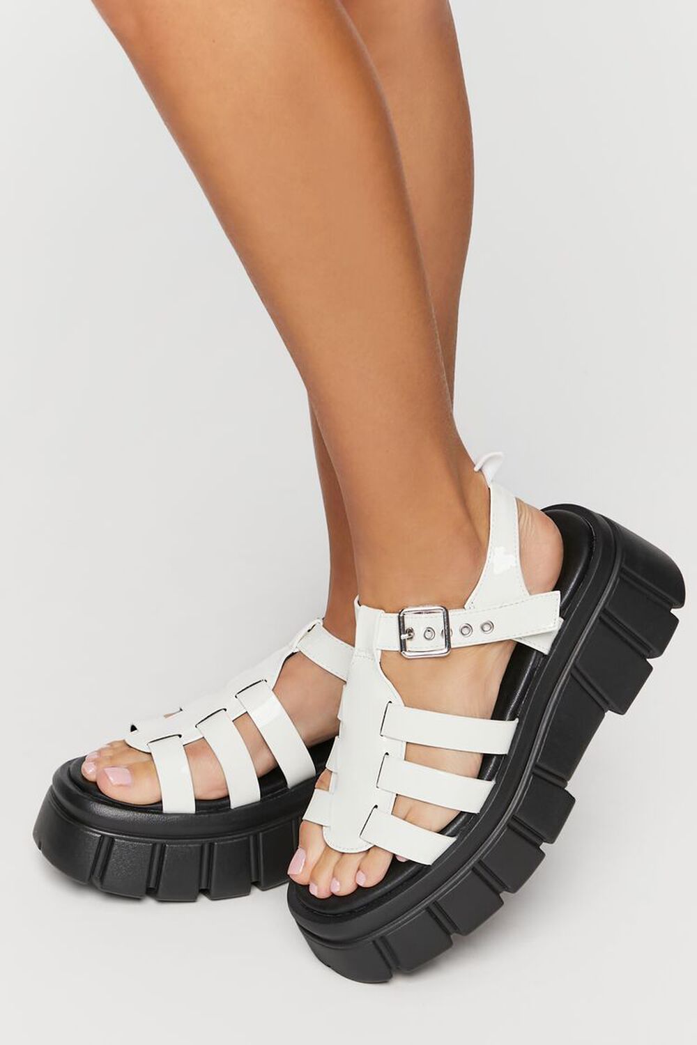 WHITE Faux Patent Leather Caged Lug-Sole Sandals, image 1