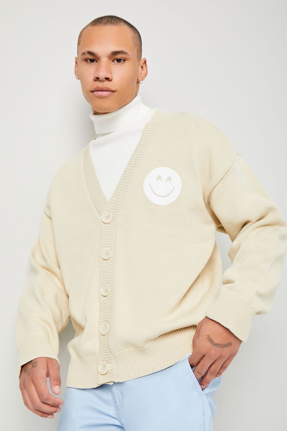 KHAKI/WHITE Happy Face Cardigan Sweater, image 1