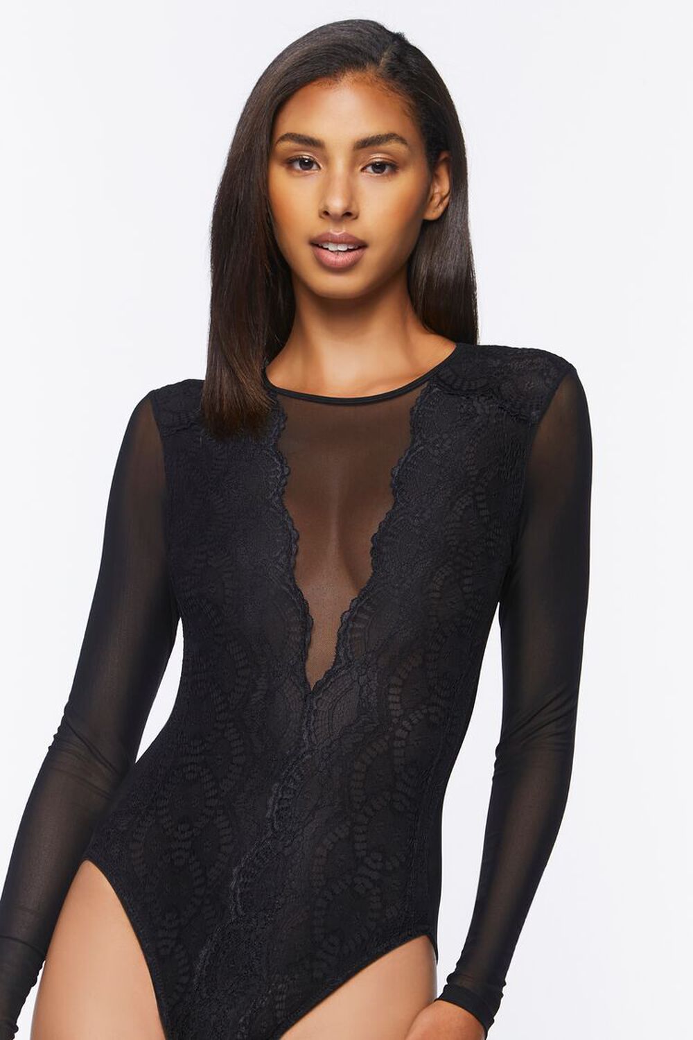 BLACK Sheer Mesh Lace Lingerie Bodysuit, image 1