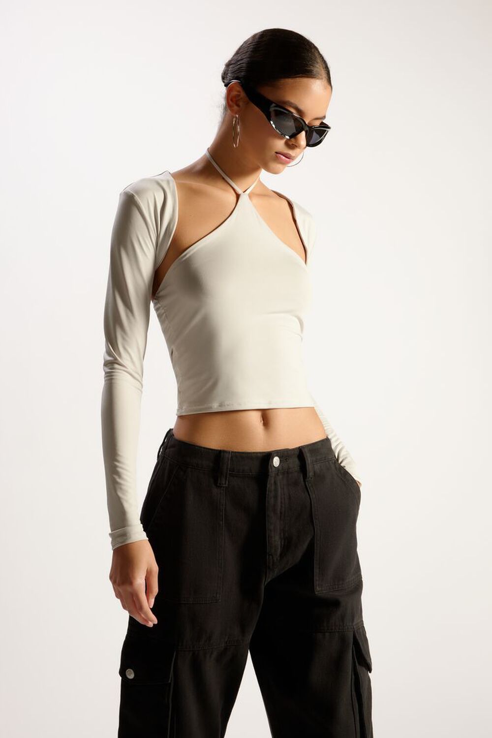 OYSTER GREY Cutout Tie-Neck Top, image 1