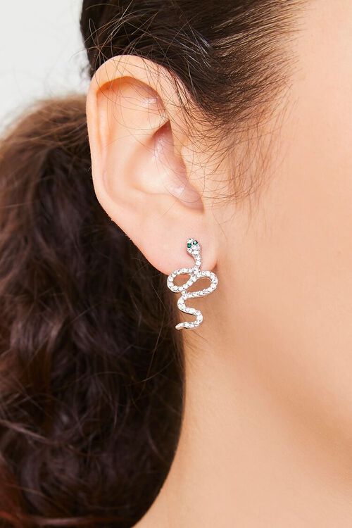 SILVER/CLEAR Rhinestone Snake Stud Earrings, image 1