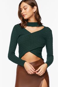 HUNTER GREEN Cable Knit Cutout Crossover Sweater, image 1