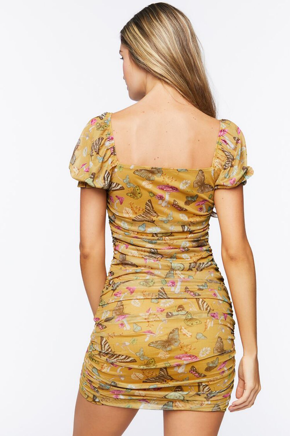 YELLOW/MULTI Butterfly Print Ruched Mini Dress, image 3
