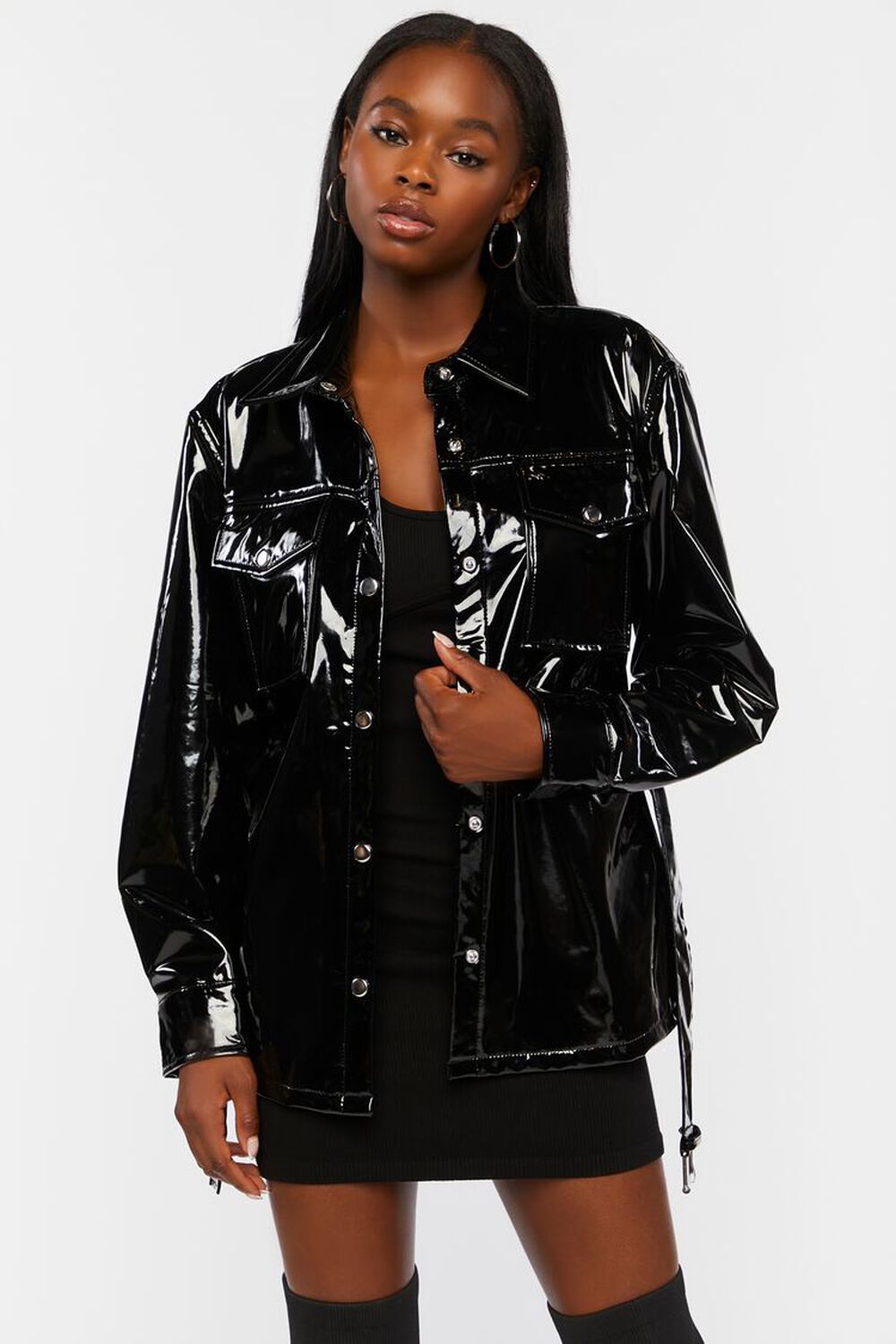 Faux Patent Leather Belted Jacket