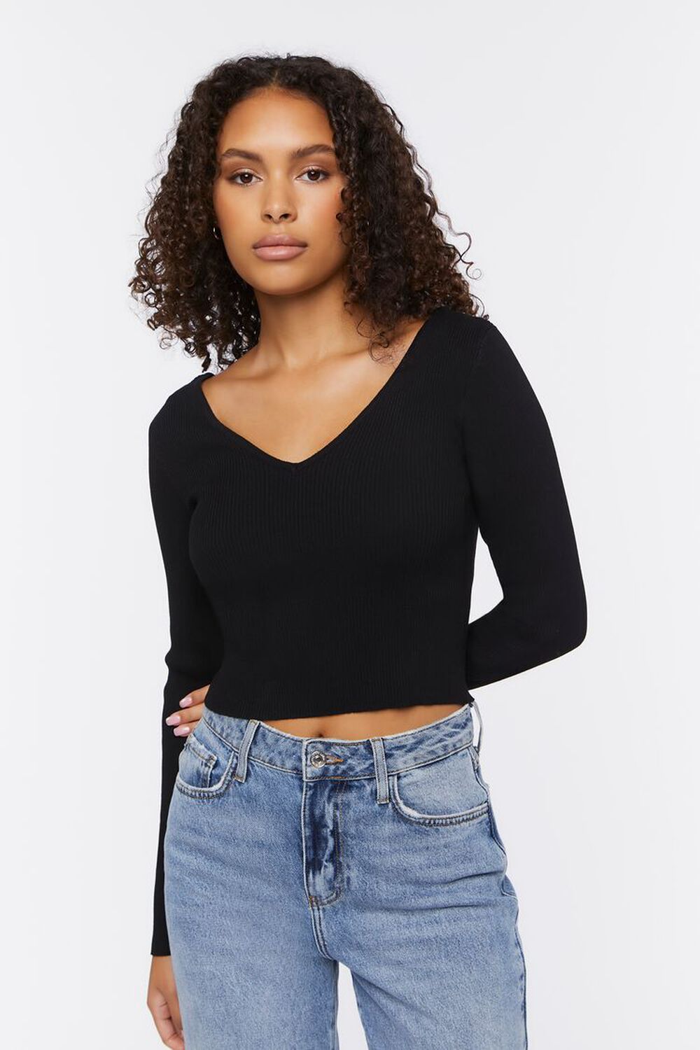 BLACK Ribbed Cropped Fitted Sweater, image 1
