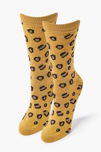 BROWN/MULTI Men Leopard Print Crew Socks, image 1