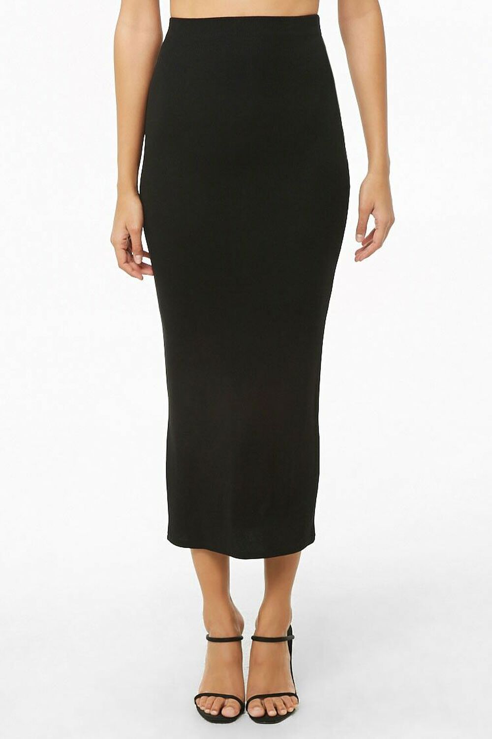 BLACK Ribbed High-Rise Midi Skirt, image 1