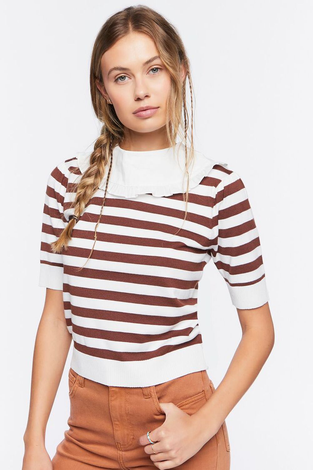BROWN/WHITE Striped Collared Sweater-Knit Top, image 1