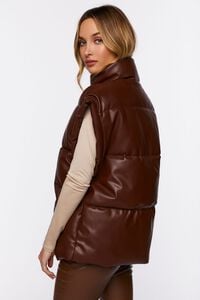 BROWN Faux Leather Zip-Up Puffer Vest, image 3