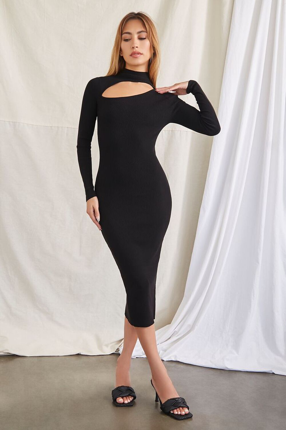 BLACK Ribbed Cutout Midi Dress, image 1