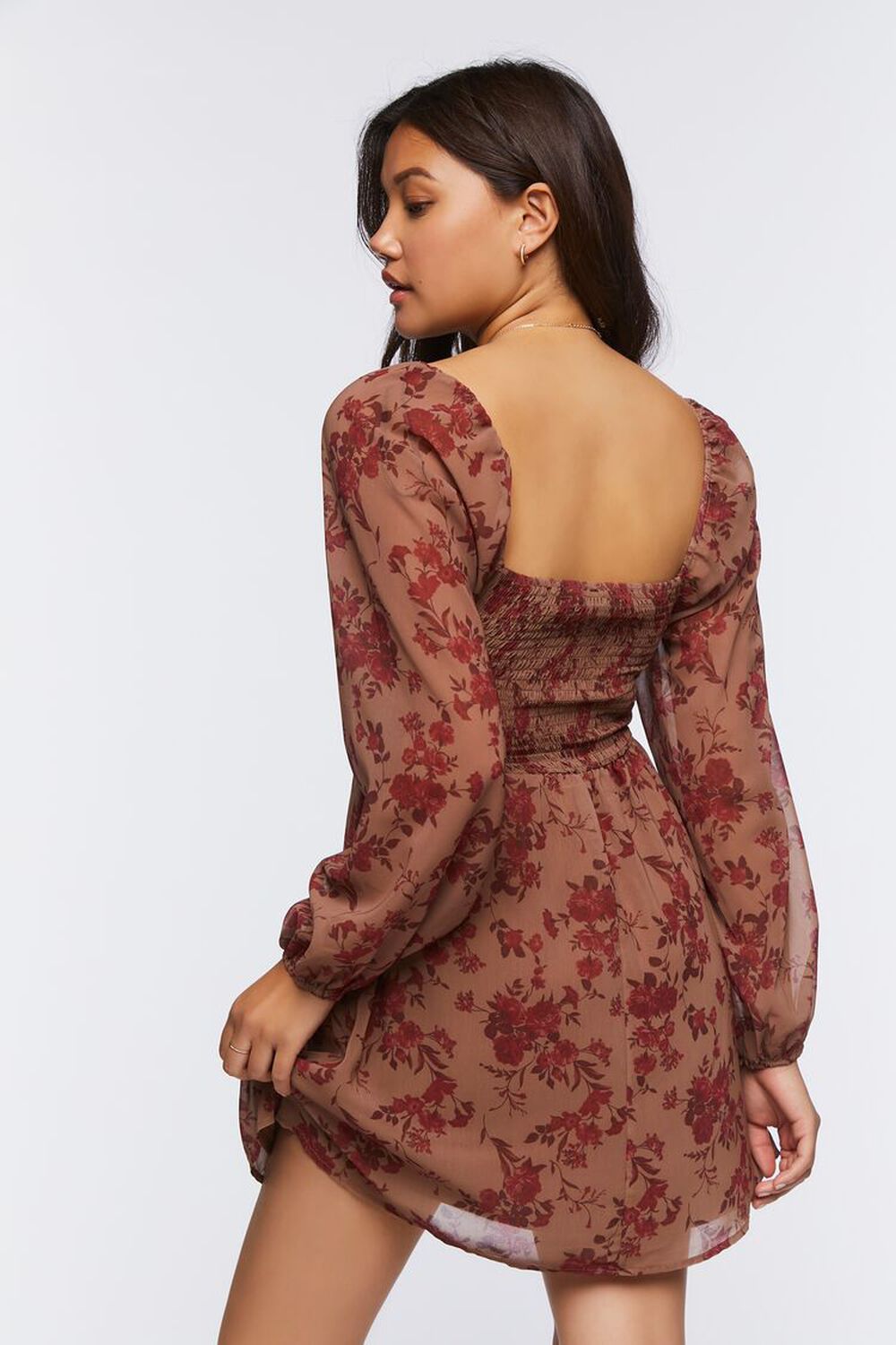BROWN/MULTI Floral Print Peasant-Sleeve Mini Dress, image 3