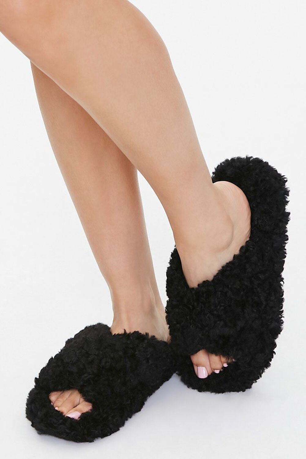 BLACK Fuzzy Faux Sheepskin Slippers, image 1