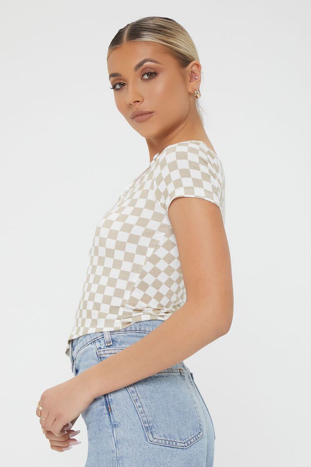 TAUPE/CREAM Checkered Cutout Buttoned Top, image 3