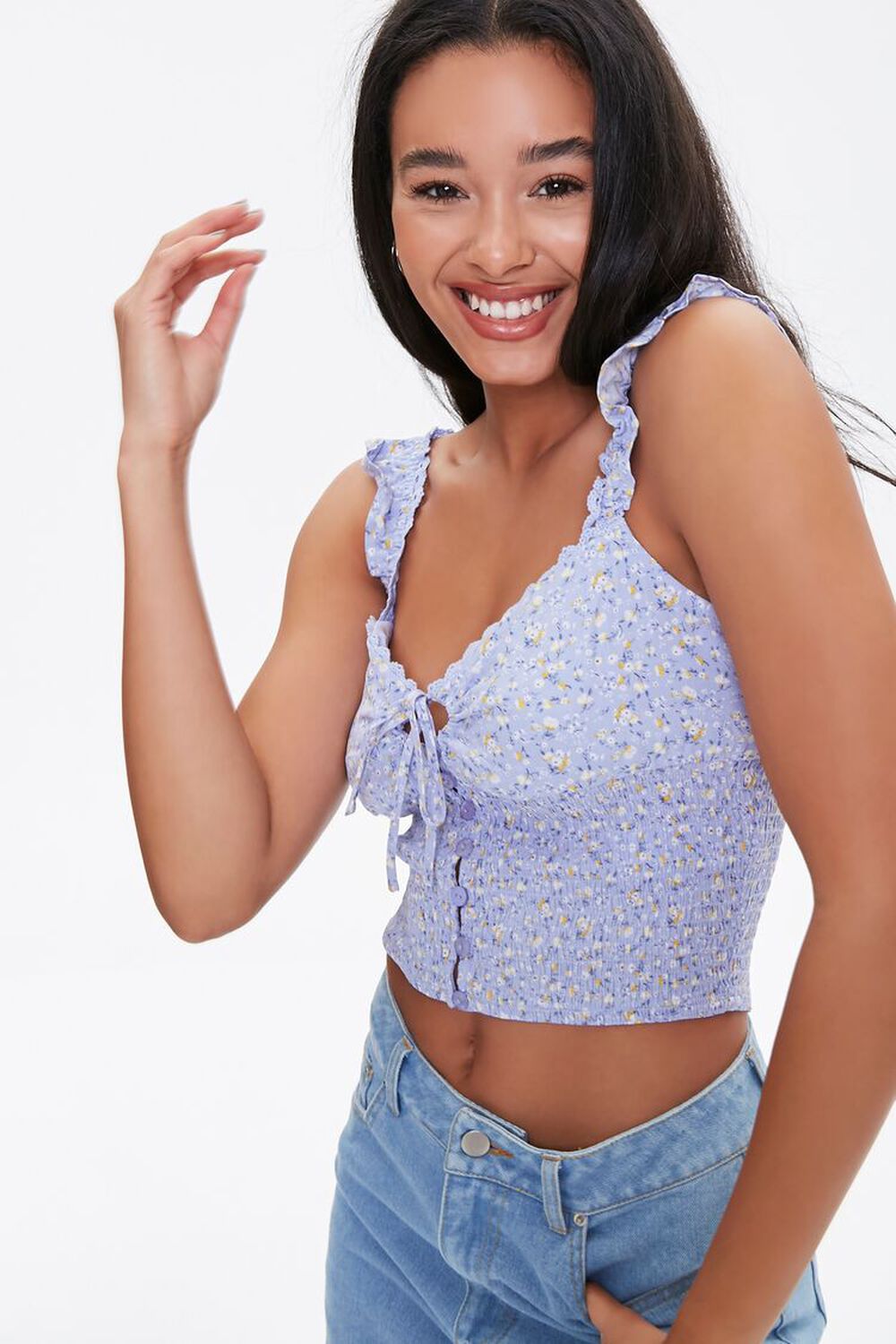 DUSTY BLUE/WHITE Ditsy Floral Print Crop Top, image 1