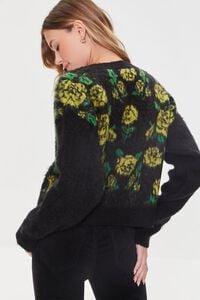 BLACK/MULTI Fuzzy Knit Rose Print Cardigan Sweater, image 3
