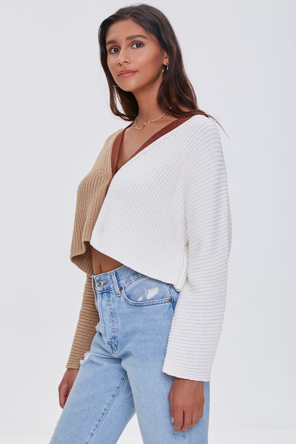 TAUPE/MULTI Cropped Colorblock Cardigan Sweater, image 2