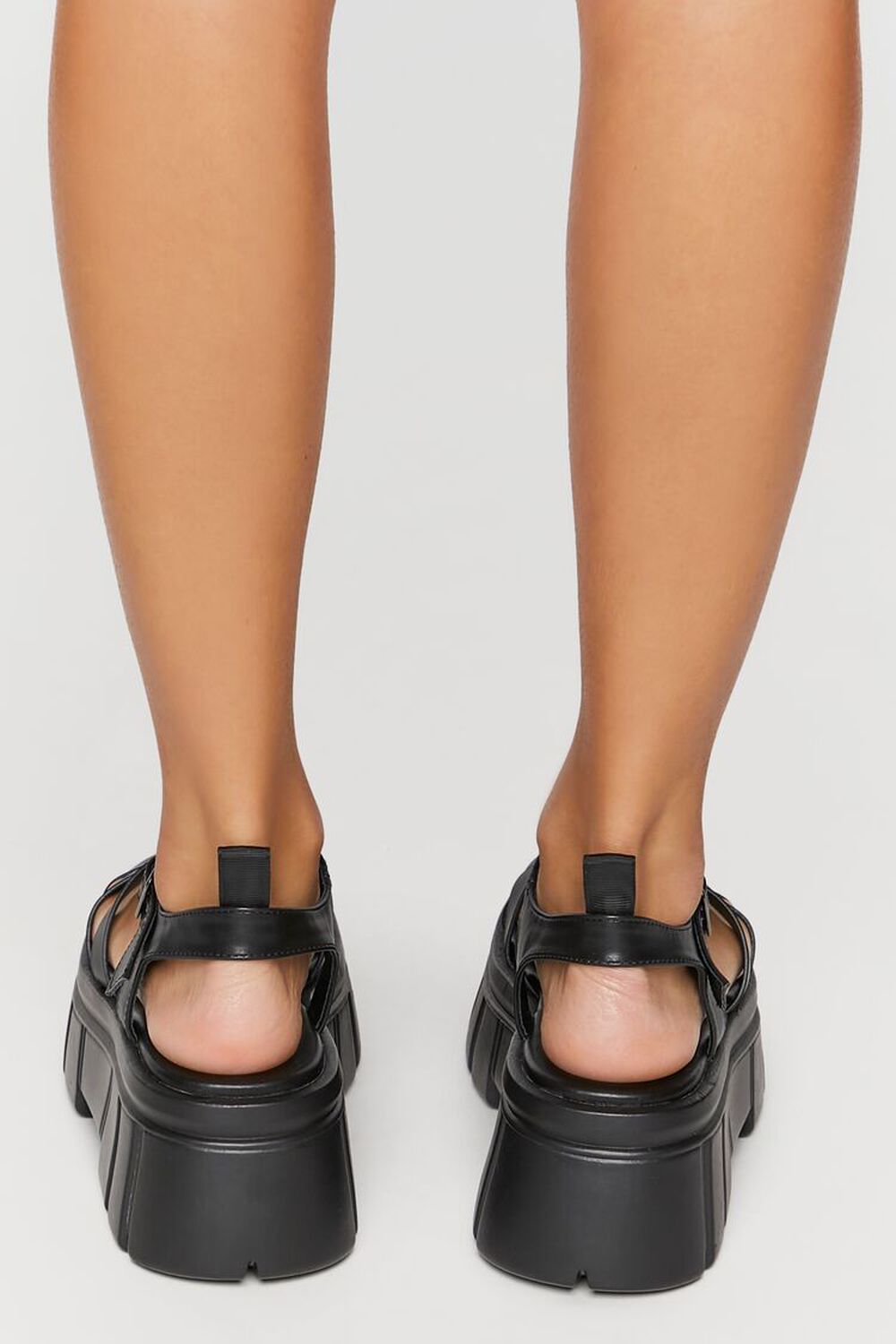 BLACK Faux Leather Caged Lug-Sole Sandals, image 3