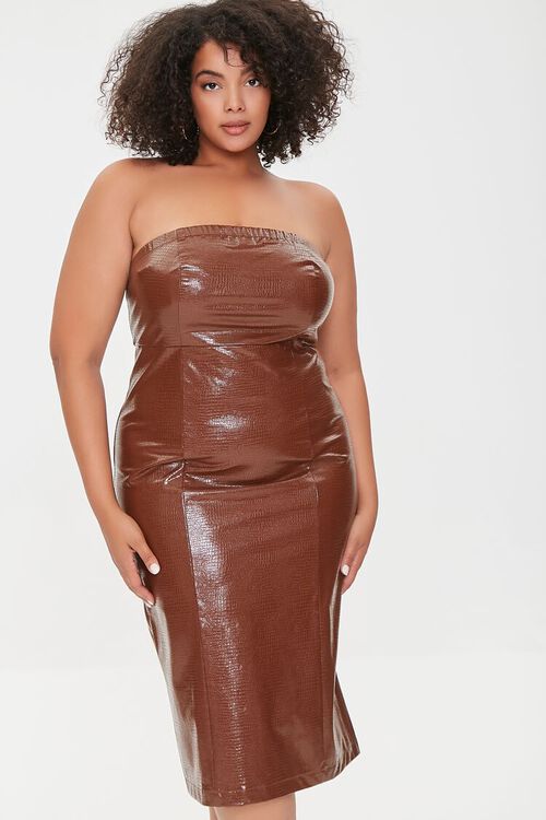 BROWN Plus Size Faux Croc Leather Tube Dress, image 1