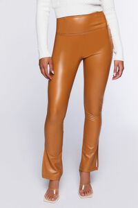TAN Faux Leather Split-Hem Flare Pants, image 2