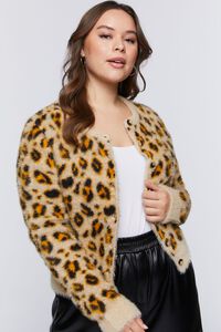 BROWN/MULTI Plus Size Fuzzy Leopard Print Cardigan Sweater, image 6
