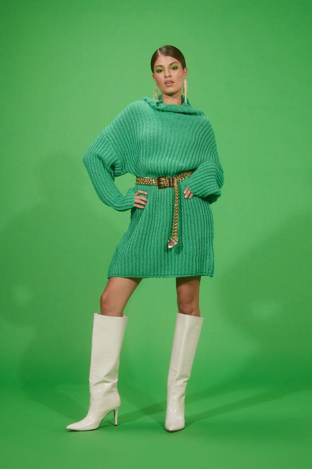 GREEN Chunky Knit Sweater Dress, image 1
