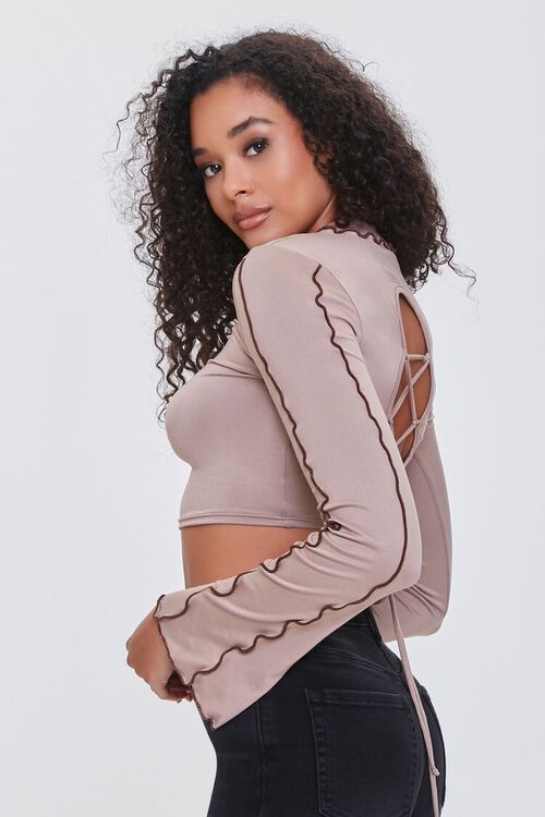 TAUPE/CHOCOLATE Lettuce-Edge Lace-Back Crop Top, image 3