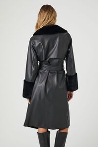 BLACK Faux Leather Belted Trench Coat, image 3