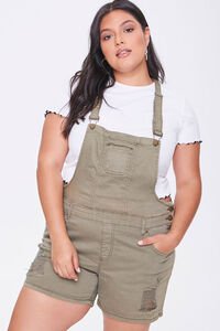 OLIVE Plus Size Distressed Overall Shorts, image 1