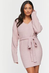 PETAL PINK Fuzzy Knit Belted Sweater Dress, image 2