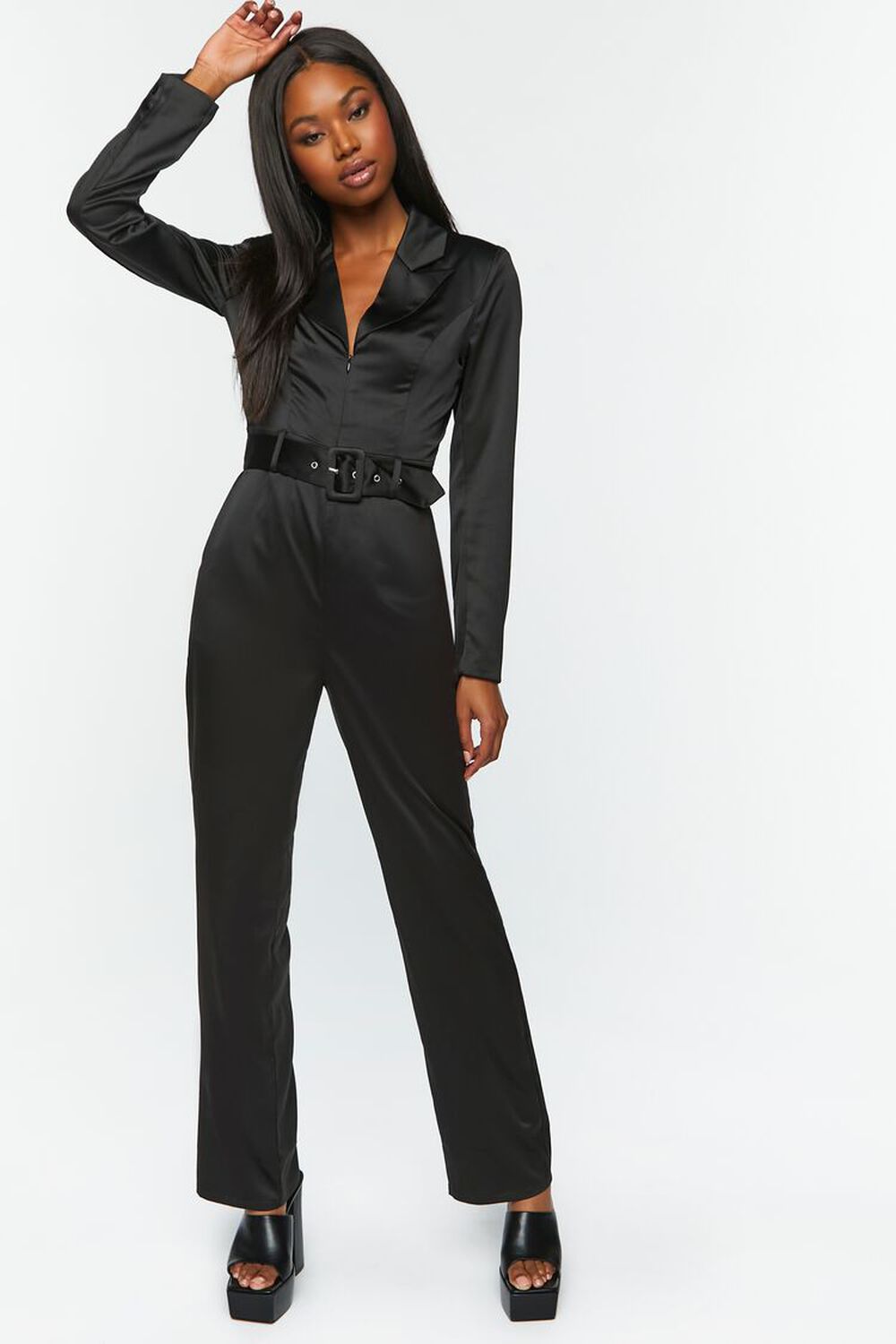 BLACK Satin Belted Long-Sleeve Jumpsuit, image 1