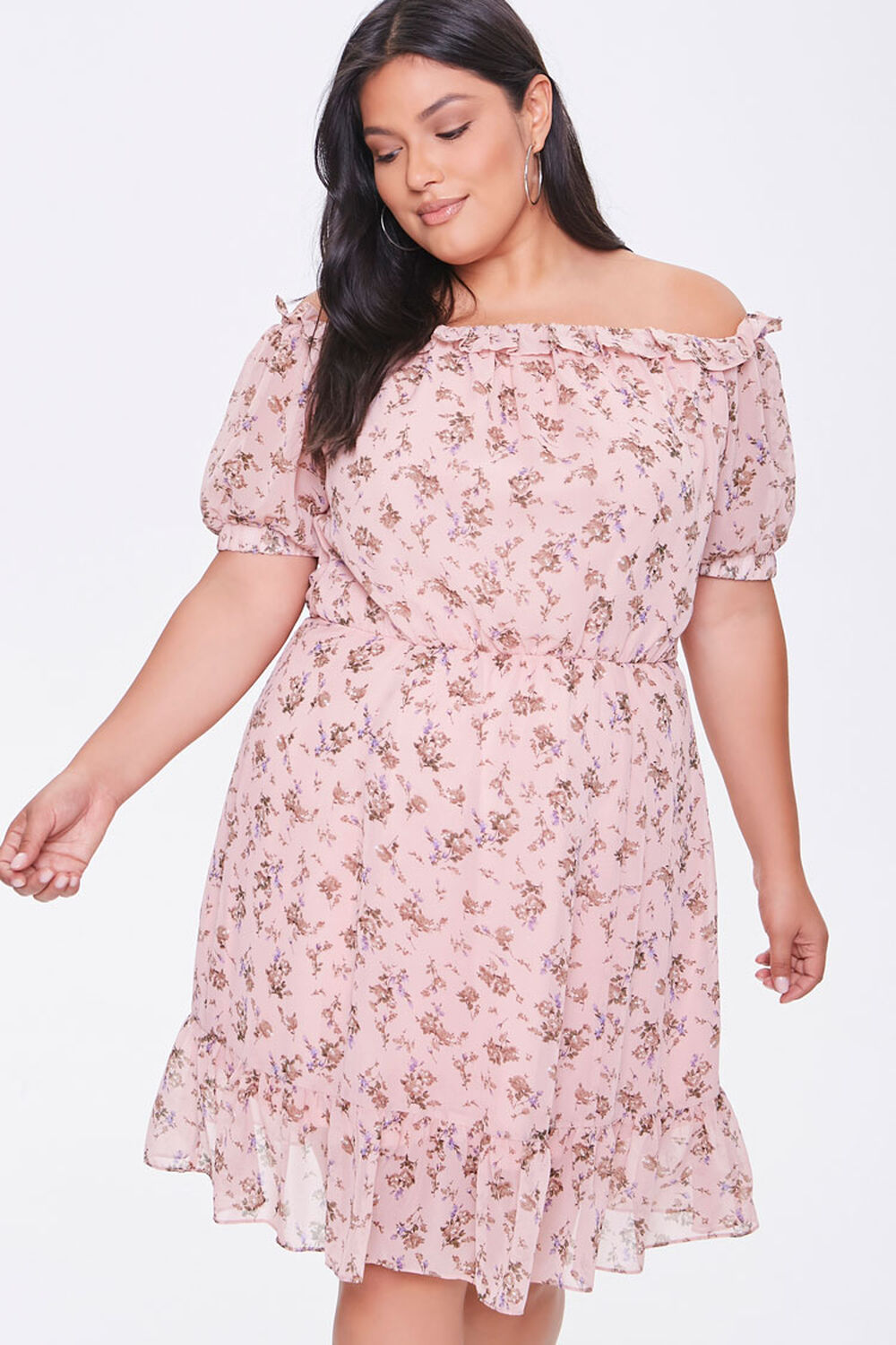 PINK/MULTI Plus Size Off-the-Shoulder Floral Print Dress, image 1