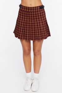 BURGUNDY/MULTI Pleated Plaid Mini Skirt, image 2
