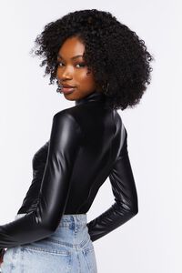 BLACK Faux Leather Long-Sleeve Bodysuit, image 3