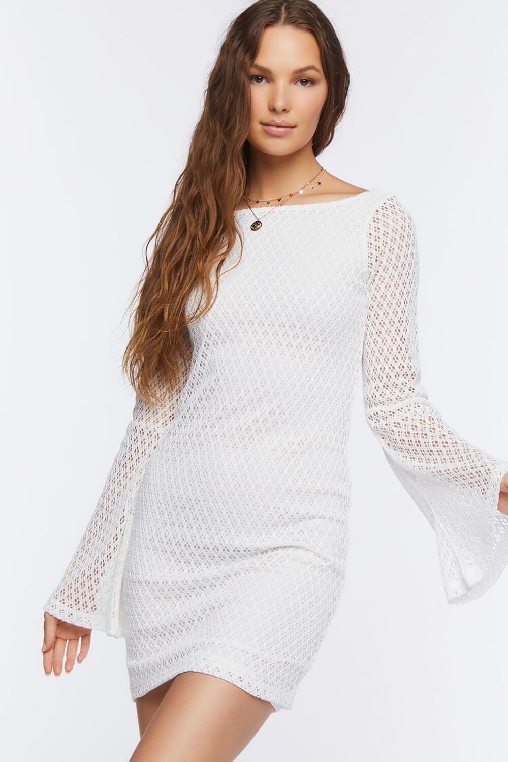 IVORY Bell-Sleeve Crochet Mini Dress, image 1