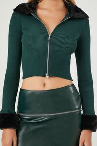 DARK GREEN/BLACK Faux Fur-Trim Zip-Up Sweater, image 5