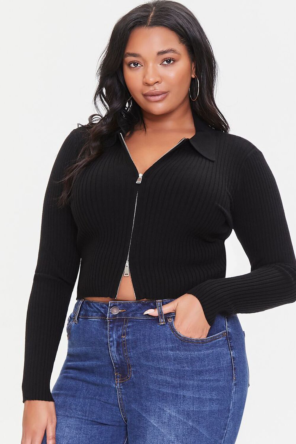 BLACK Plus Size Ribbed Zip-Up Sweater, image 1