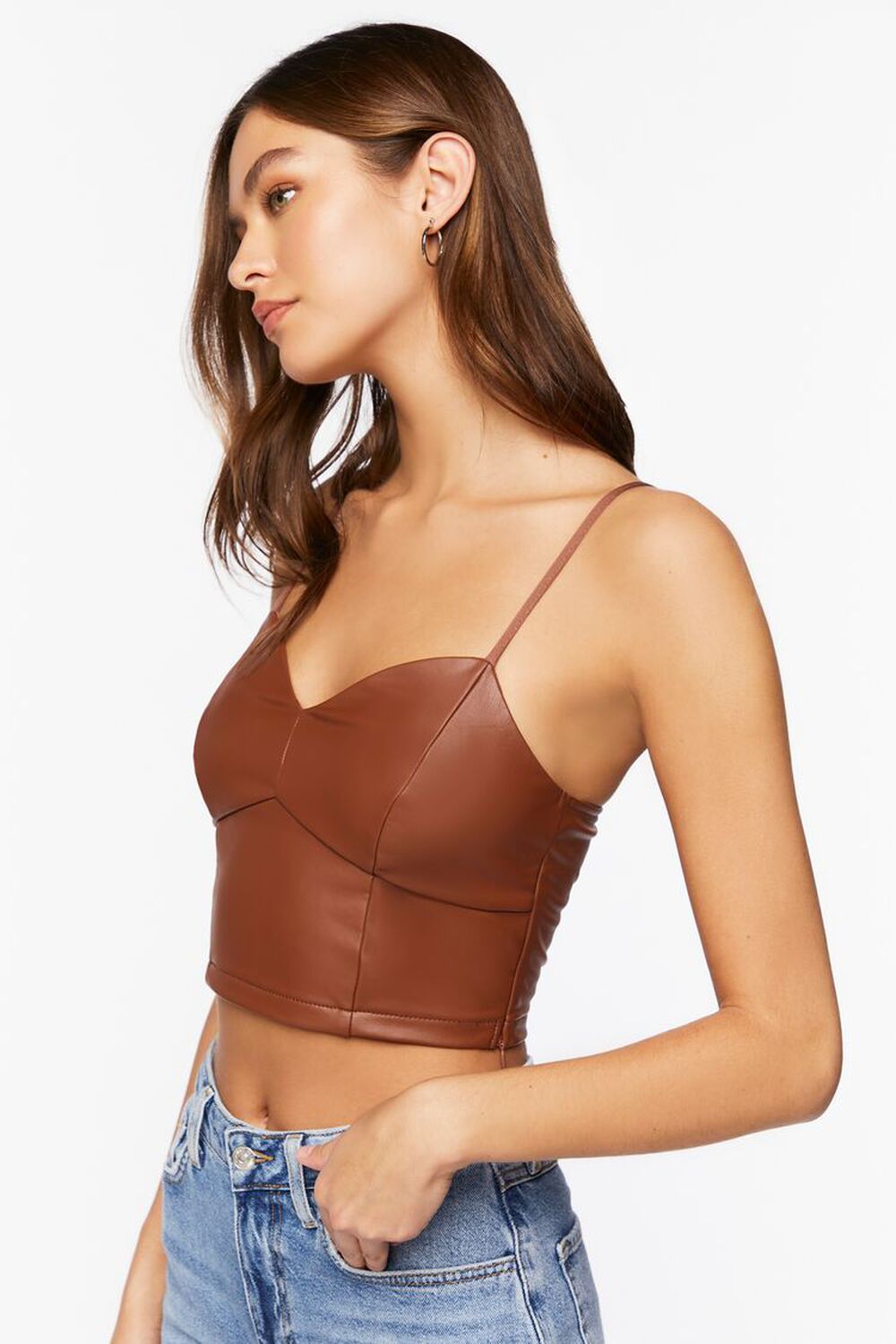 DARK COCOA Faux Leather Sweetheart Cropped Cami, image 2