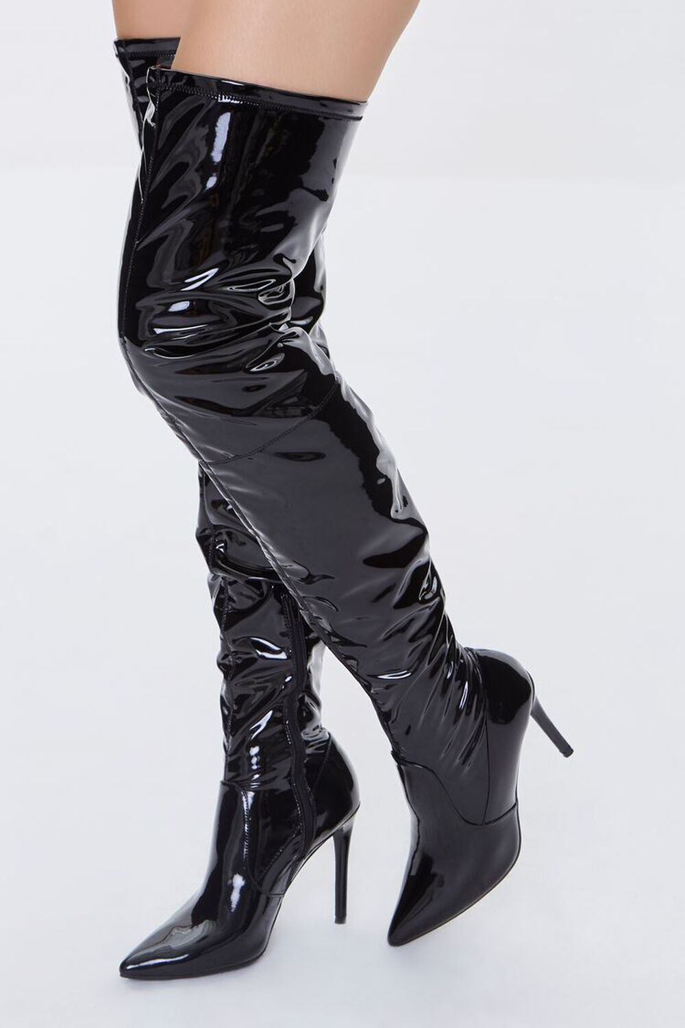 BLACK Faux Patent Leather Thigh-High Boots, image 1