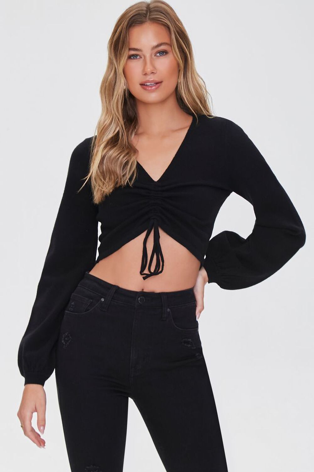 BLACK Ruched Drawstring Cropped Sweater, image 1