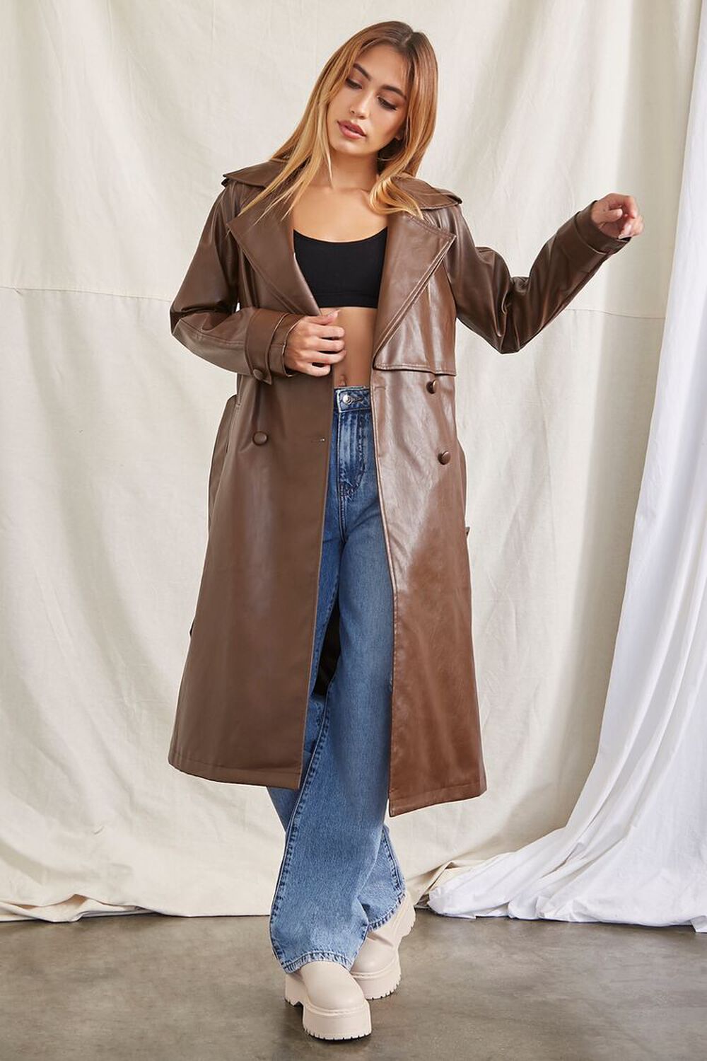 BROWN Faux Leather Trench Coat, image 1