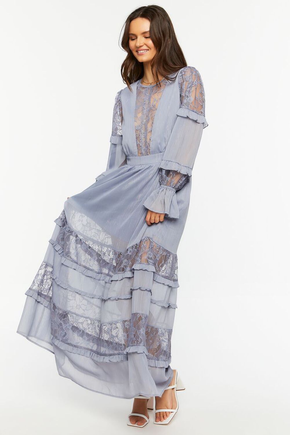 LIGHT BLUE Lace Tiered Long-Sleeve Maxi Dress, image 1