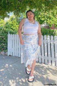 WHITE/MULTI Plus Size Satin Floral Midi Skirt, image 1