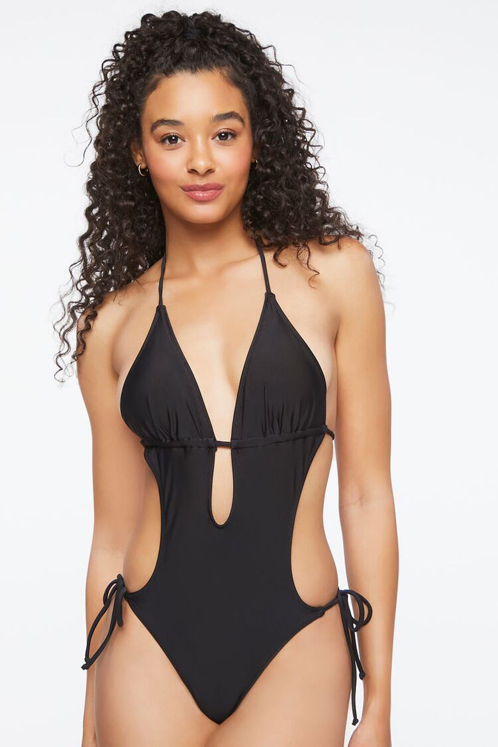 BLACK Plunging Halter One-Piece Swimsuit, image 1