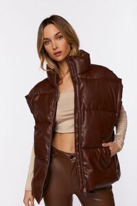 BROWN Faux Leather Zip-Up Puffer Vest, image 6
