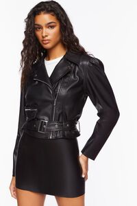 BLACK Faux Leather Belted Moto Jacket, image 7